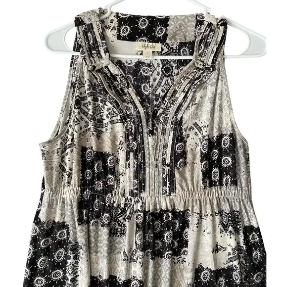 Style & Co Patchwork Paisley Maxi Dress Large Black Tan Stretch Boho - Picture 4 of 10